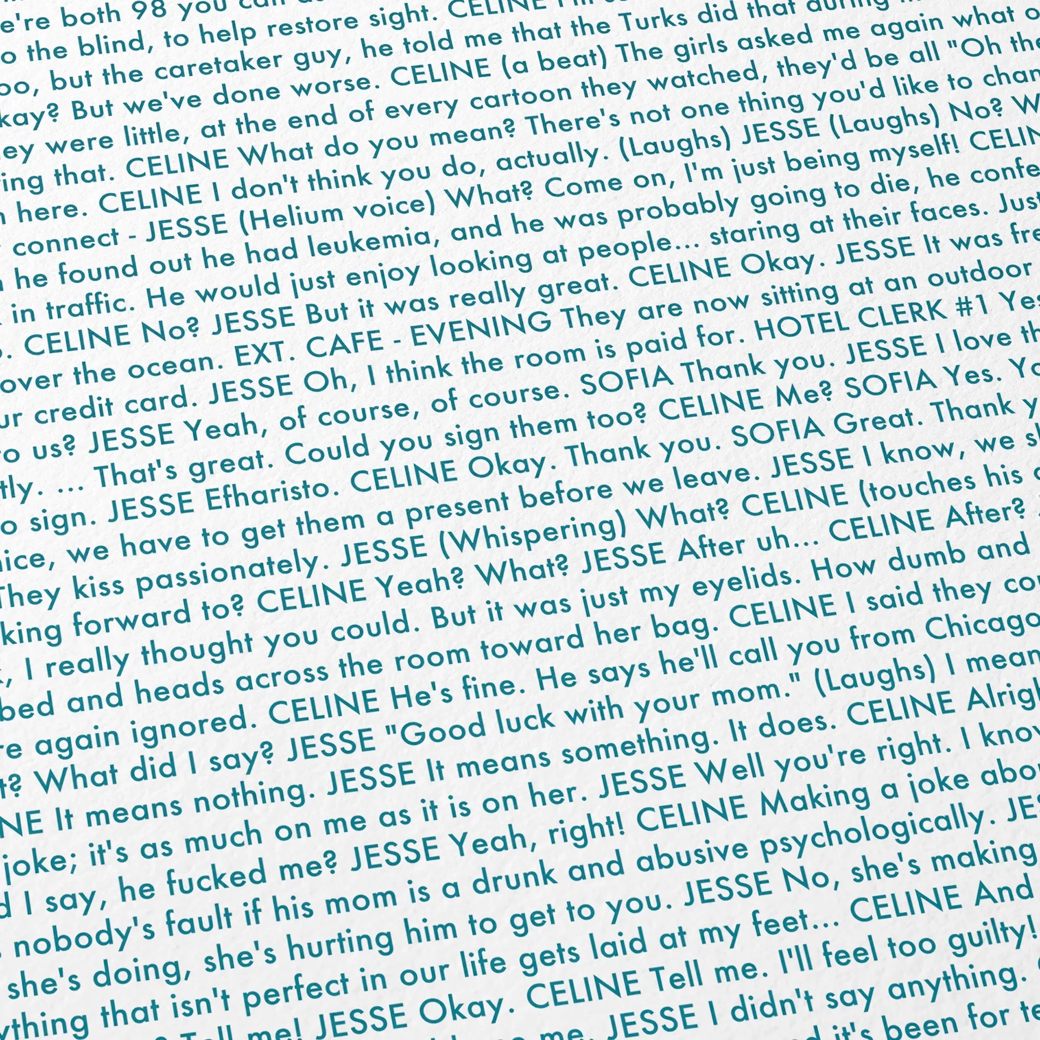 Close-up detail of the Before Midnight movie script poster showing dense typographic text.
