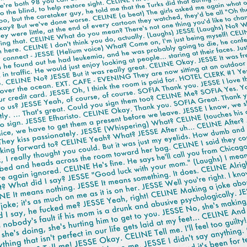 Close-up detail of the Before Midnight movie script poster showing dense typographic text.