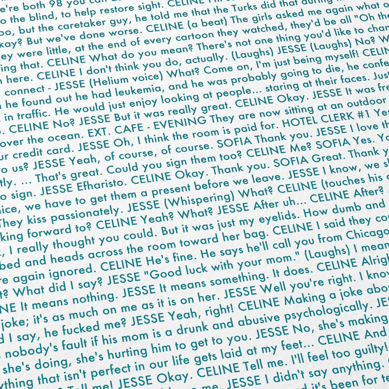 Close-up detail of the Before Midnight movie script poster showing dense typographic text.