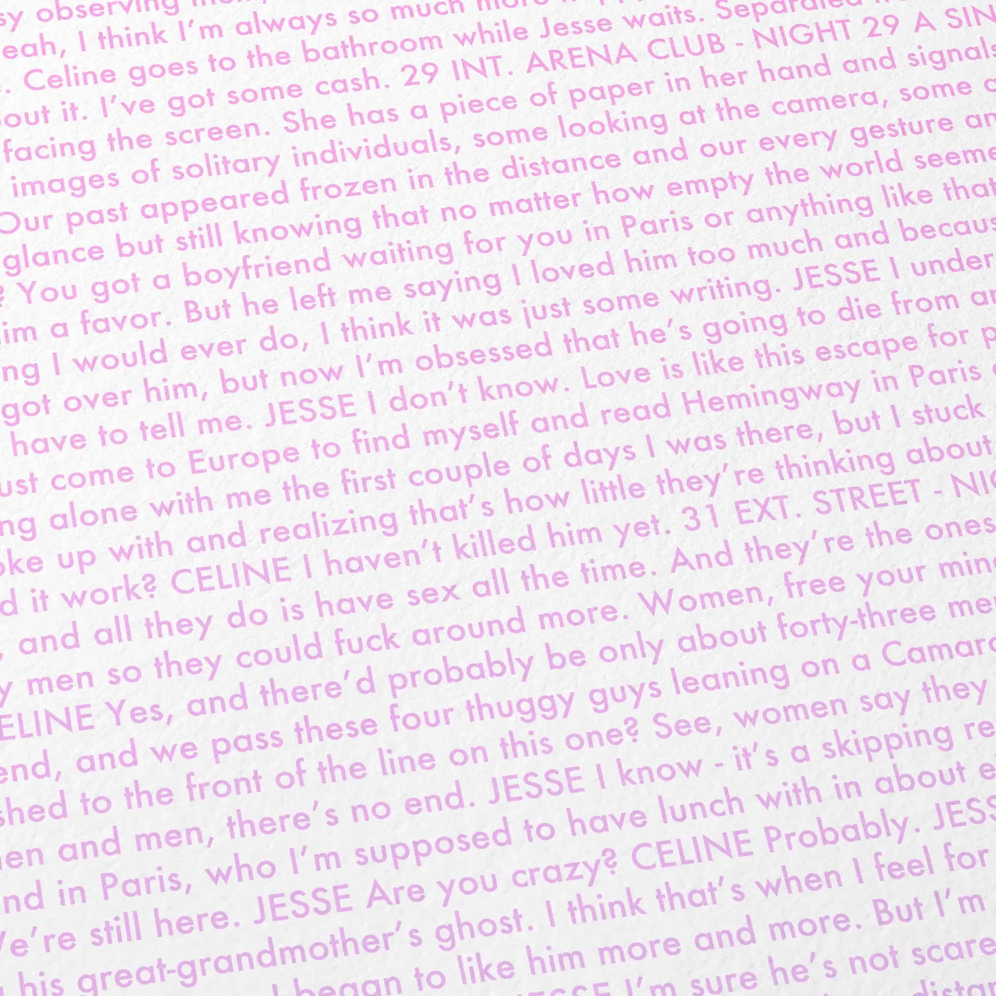 Close-up detail of the Before Sunrise movie script poster showing dense typographic text.