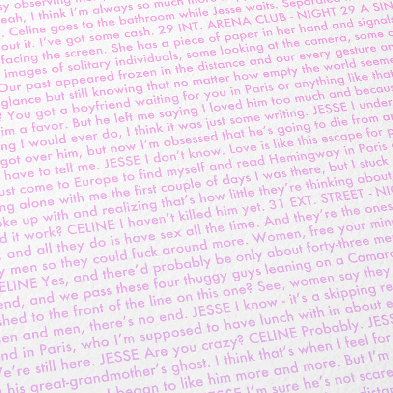 Close-up detail of the Before Sunrise movie script poster showing dense typographic text.