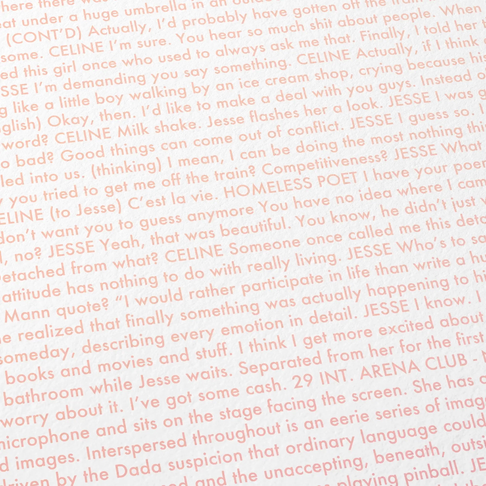 Close-up detail of the Before Sunrise movie script poster showing dense typographic text.