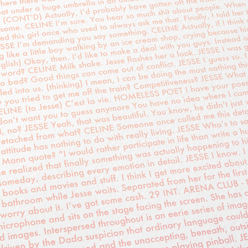 Close-up detail of the Before Sunrise movie script poster showing dense typographic text.