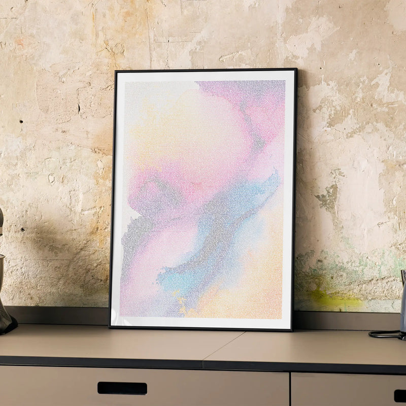 A framed Before Sunrise movie script poster displayed on a cabinet in a minimalist interior.