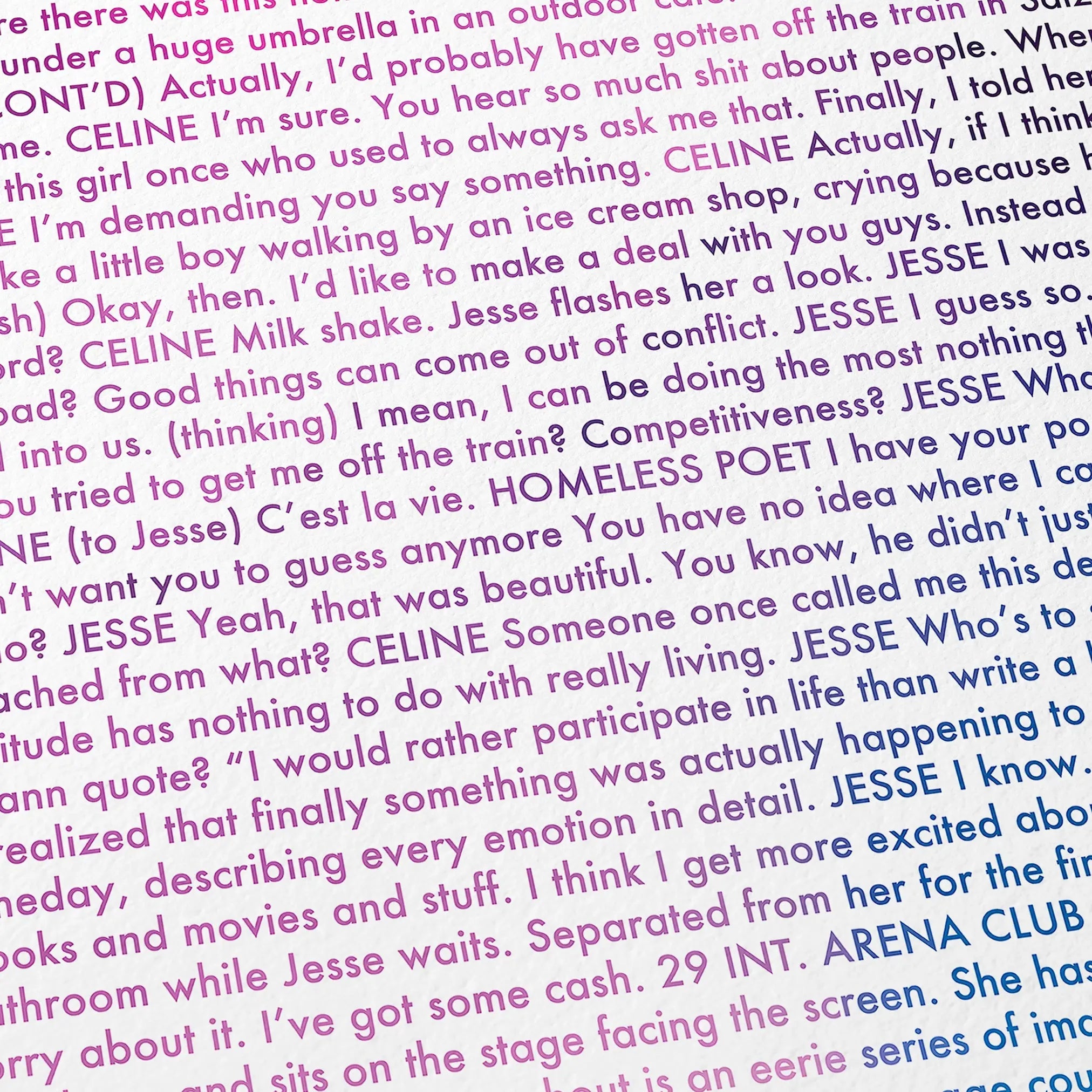 Close-up detail of the Before Sunrise movie script poster showing dense typographic text.
