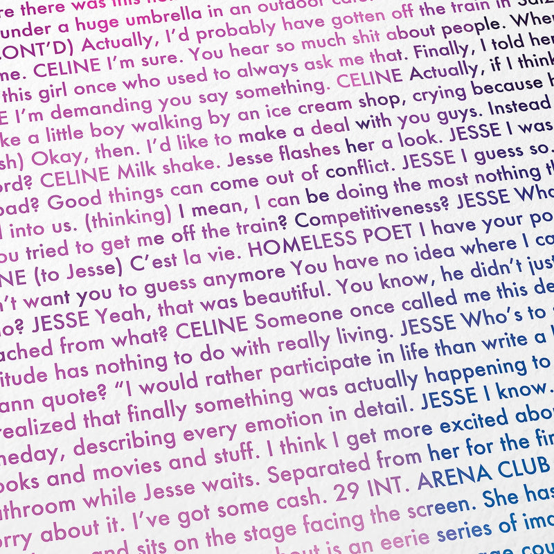 Close-up detail of the Before Sunrise movie script poster showing dense typographic text.