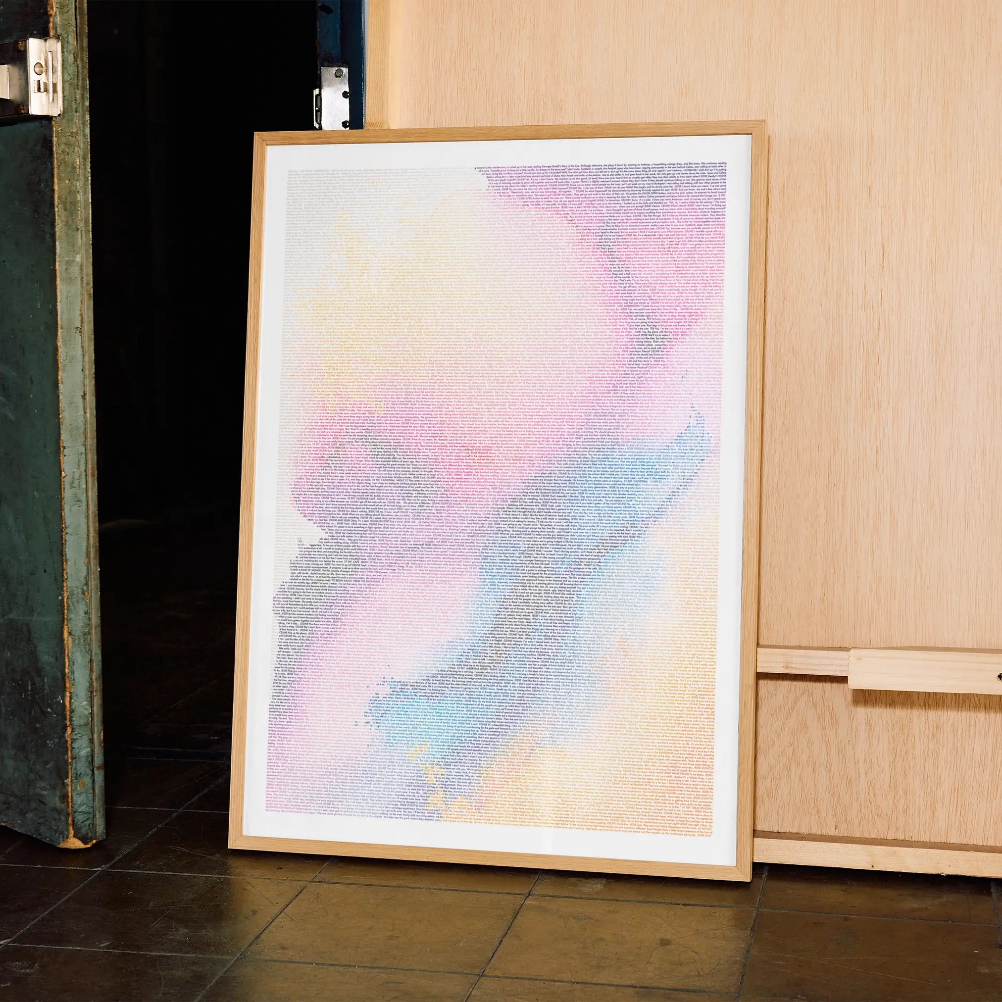 A framed Before Sunrise movie script poster displayed in a contemporary interior setting.