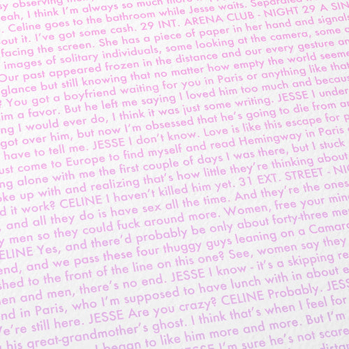 Close-up detail of the Before Sunrise movie script poster showing dense typographic text.