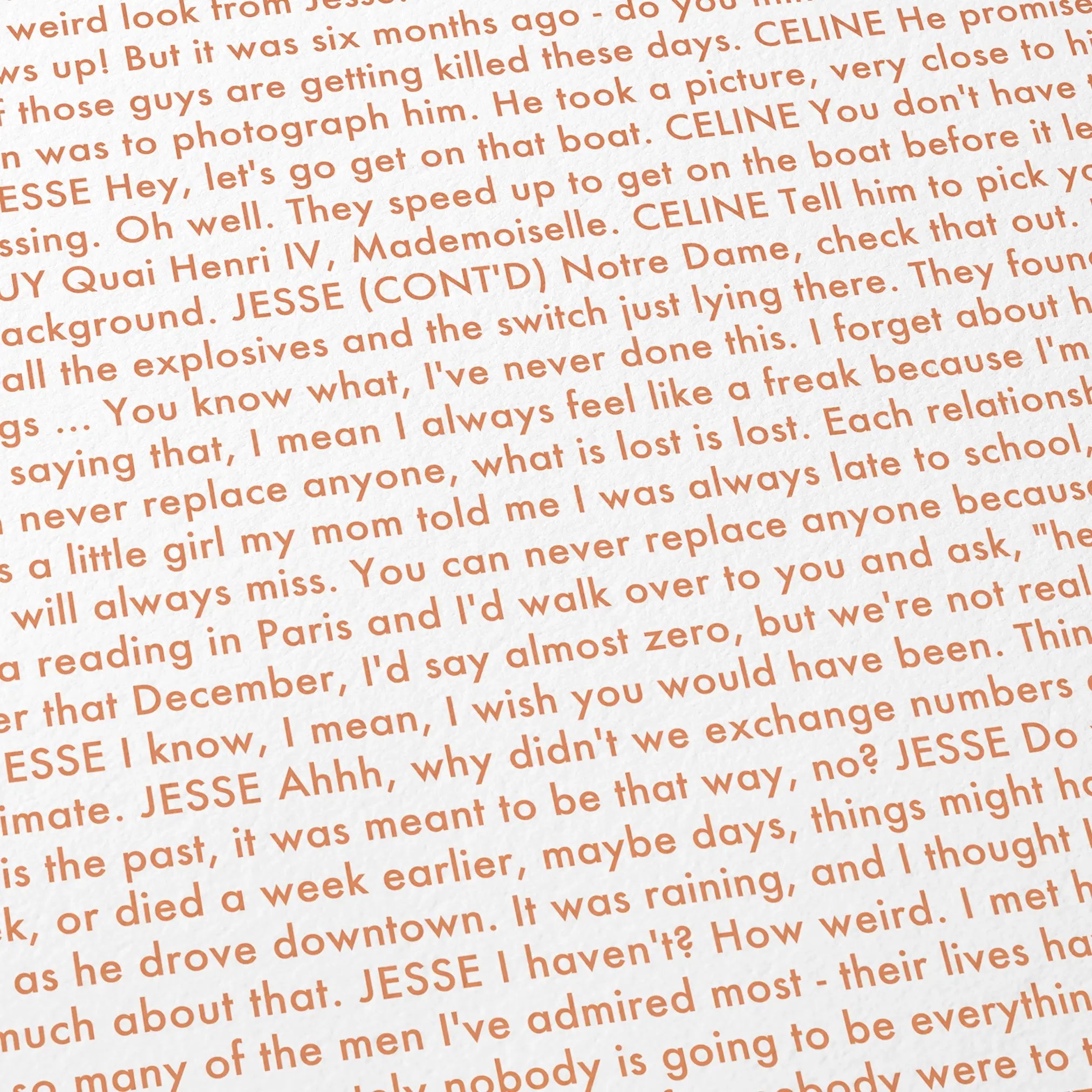 Close-up detail of the Before Sunset movie script poster showing dense typographic text.