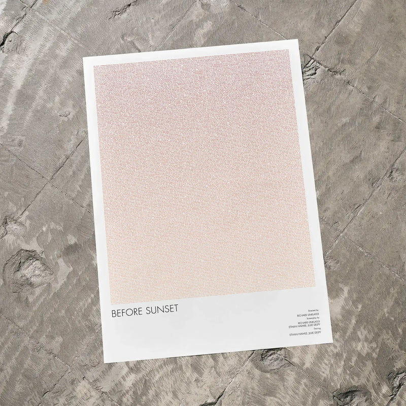 A Before Sunset movie script poster laid flat on a textured floor surface.