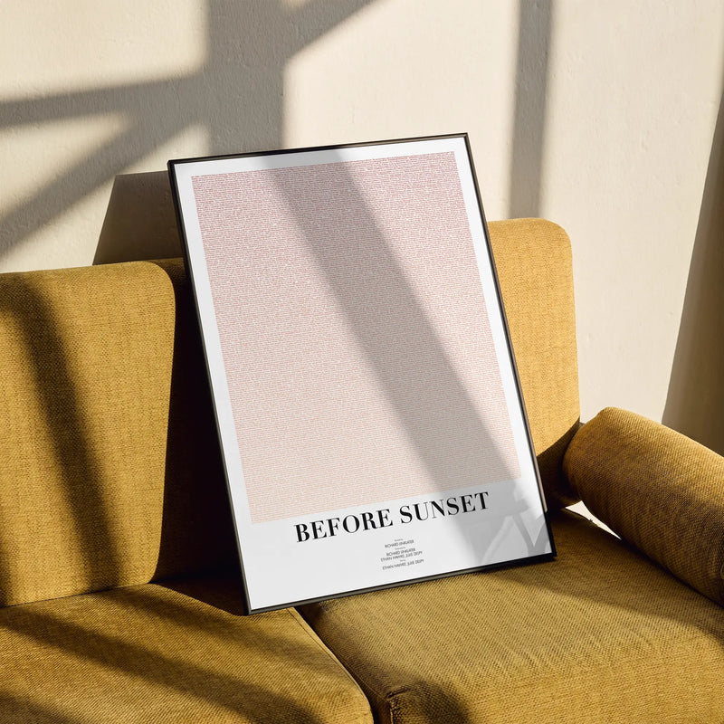 A framed Before Sunset movie script poster styled in a clean interior setting.