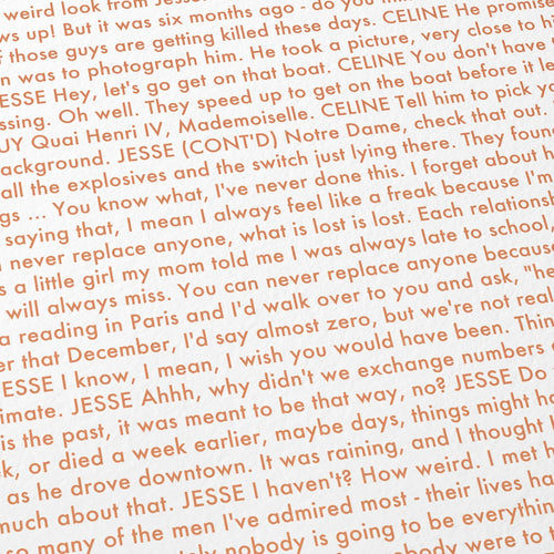 Close-up detail of the Before Sunset movie script poster showing dense typographic text.