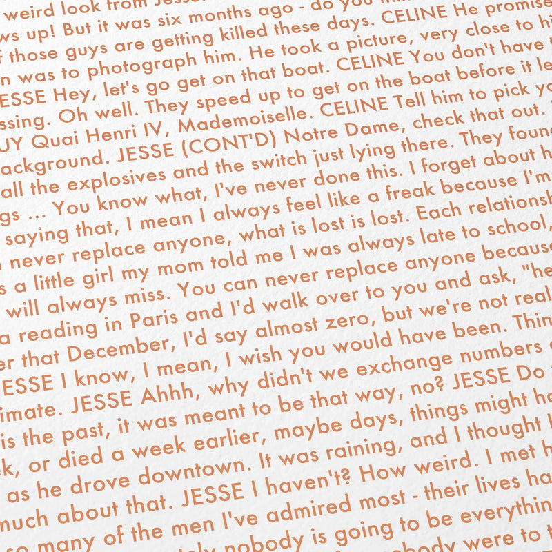 Close-up detail of the Before Sunset movie script poster showing dense typographic text.