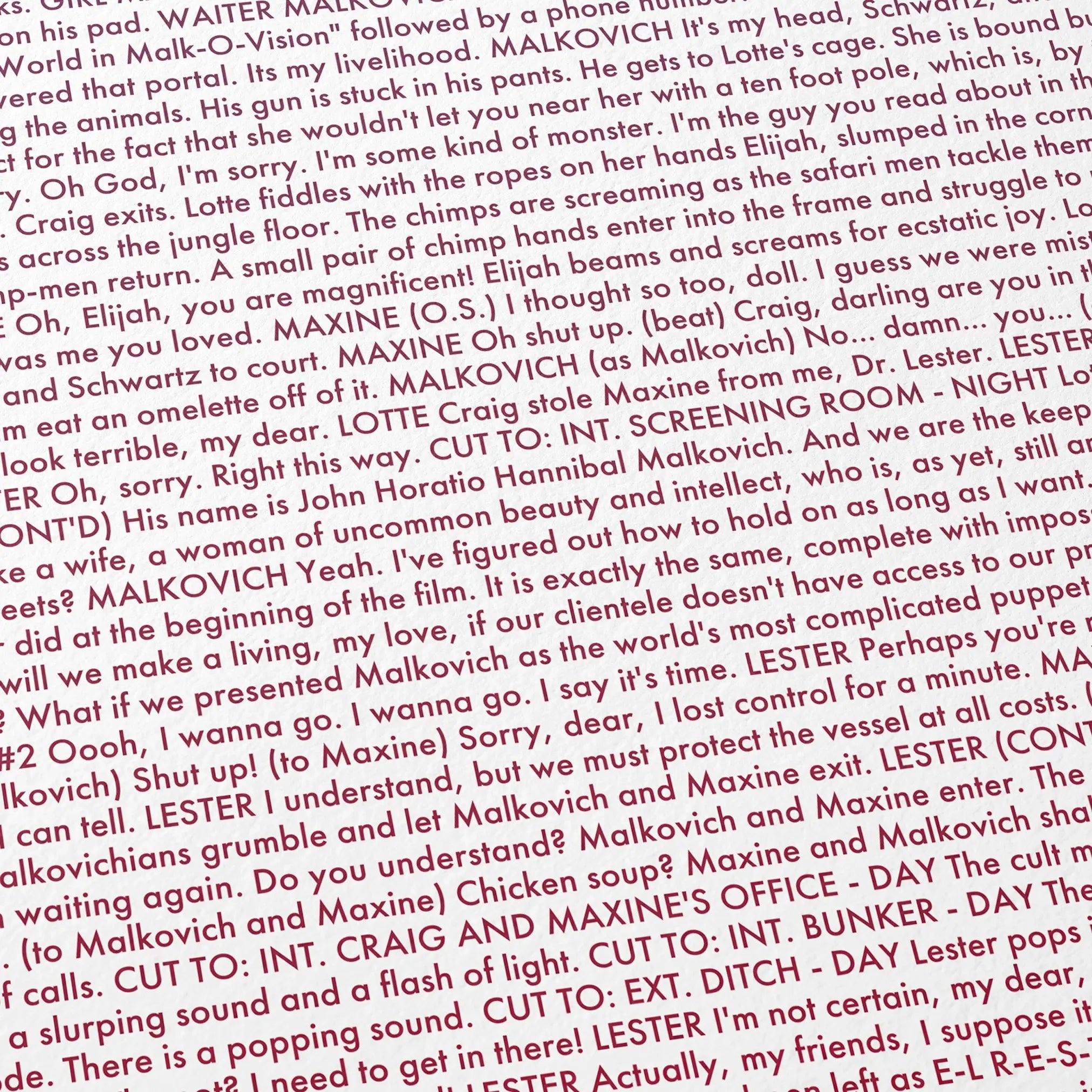 Close-up detail of the Being John Malkovich movie script poster showing dense typographic text.