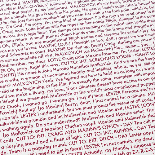 Close-up detail of the Being John Malkovich movie script poster showing dense typographic text.
