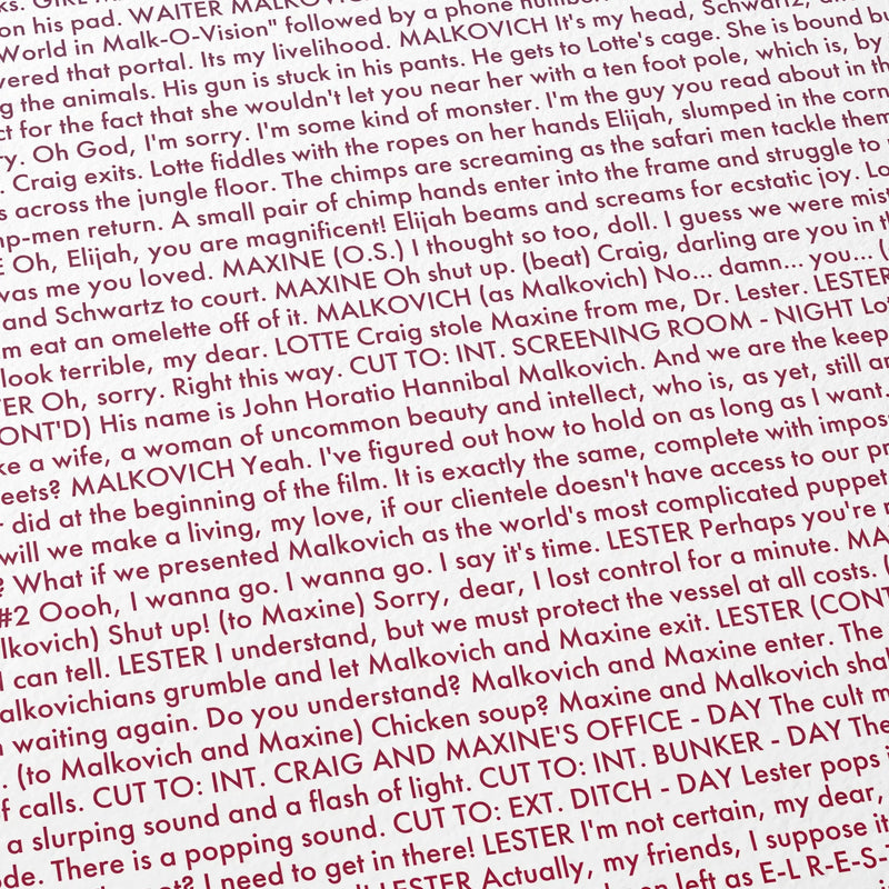 Close-up detail of the Being John Malkovich movie script poster showing dense typographic text.
