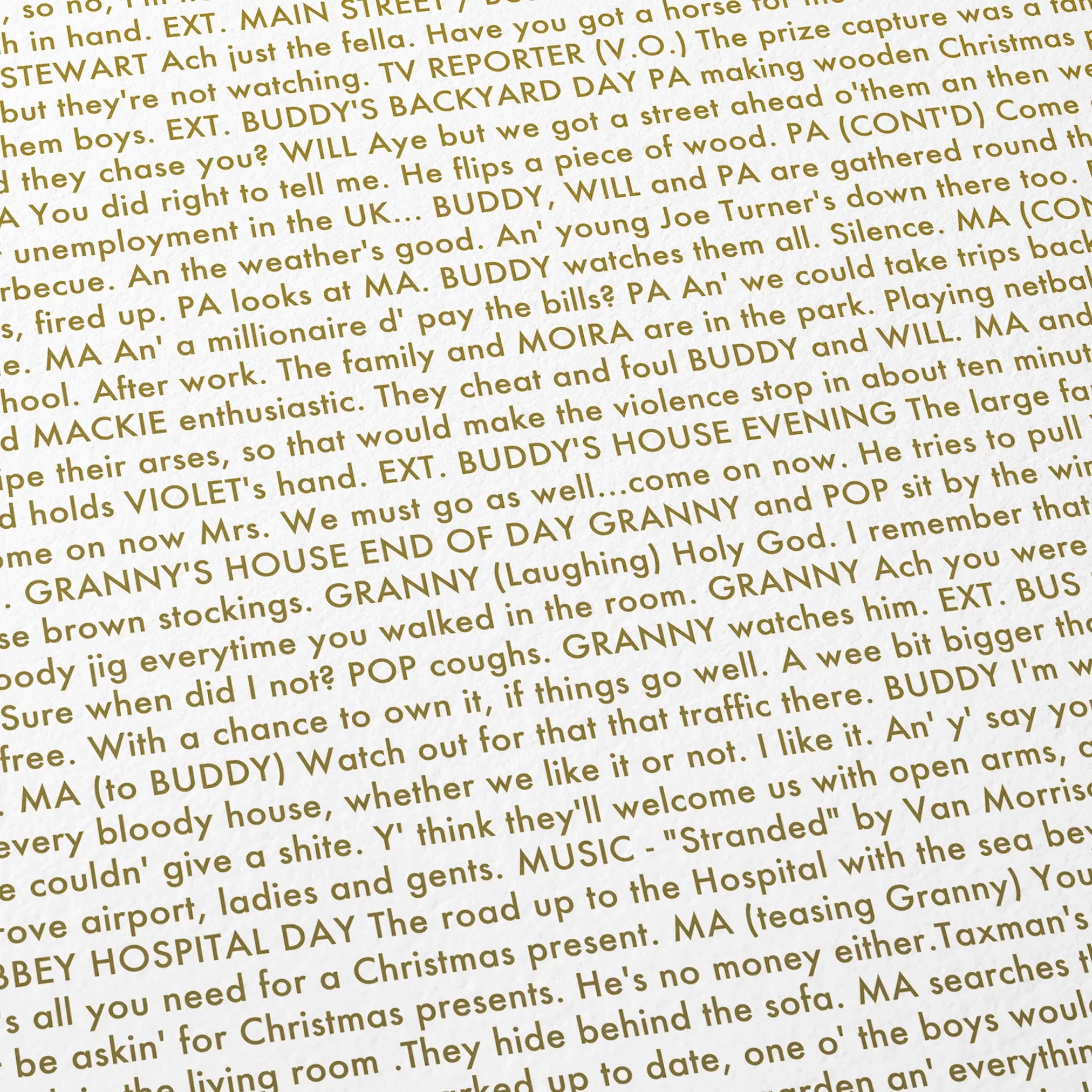 Close-up detail of the Belfast movie script poster showing dense typographic text.