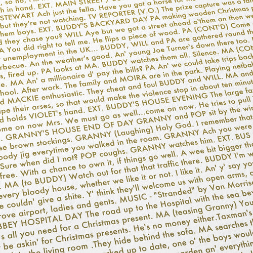 Close-up detail of the Belfast movie script poster showing dense typographic text.