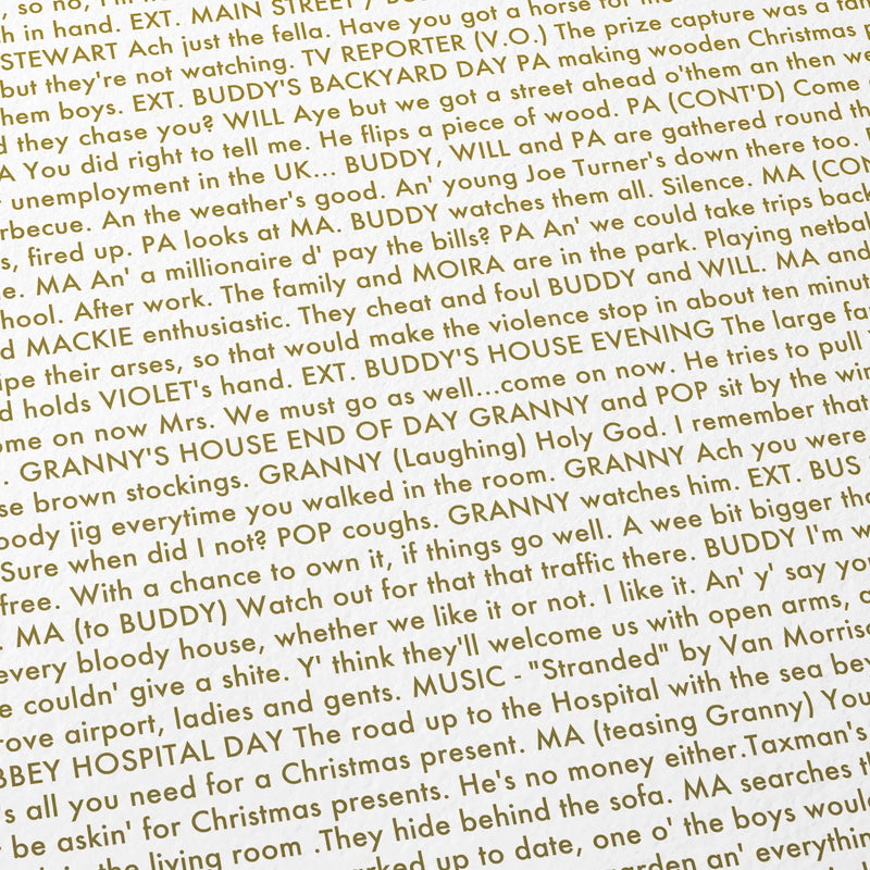 Close-up detail of the Belfast movie script poster showing dense typographic text.