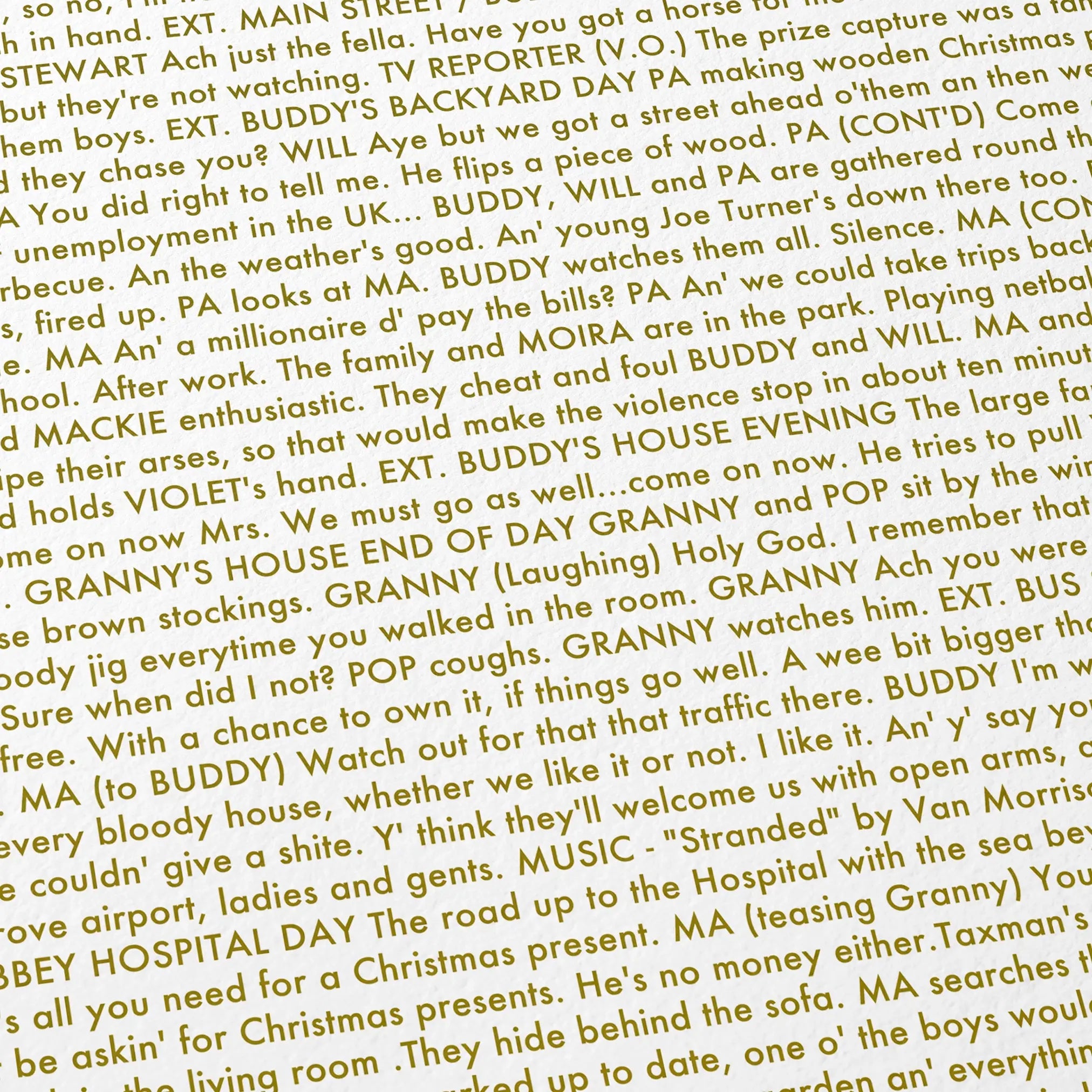 Close-up detail of the Belfast movie script poster showing dense typographic text.