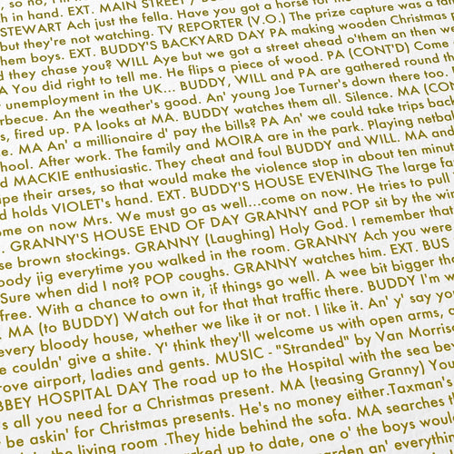 Close-up detail of the Belfast movie script poster showing dense typographic text.