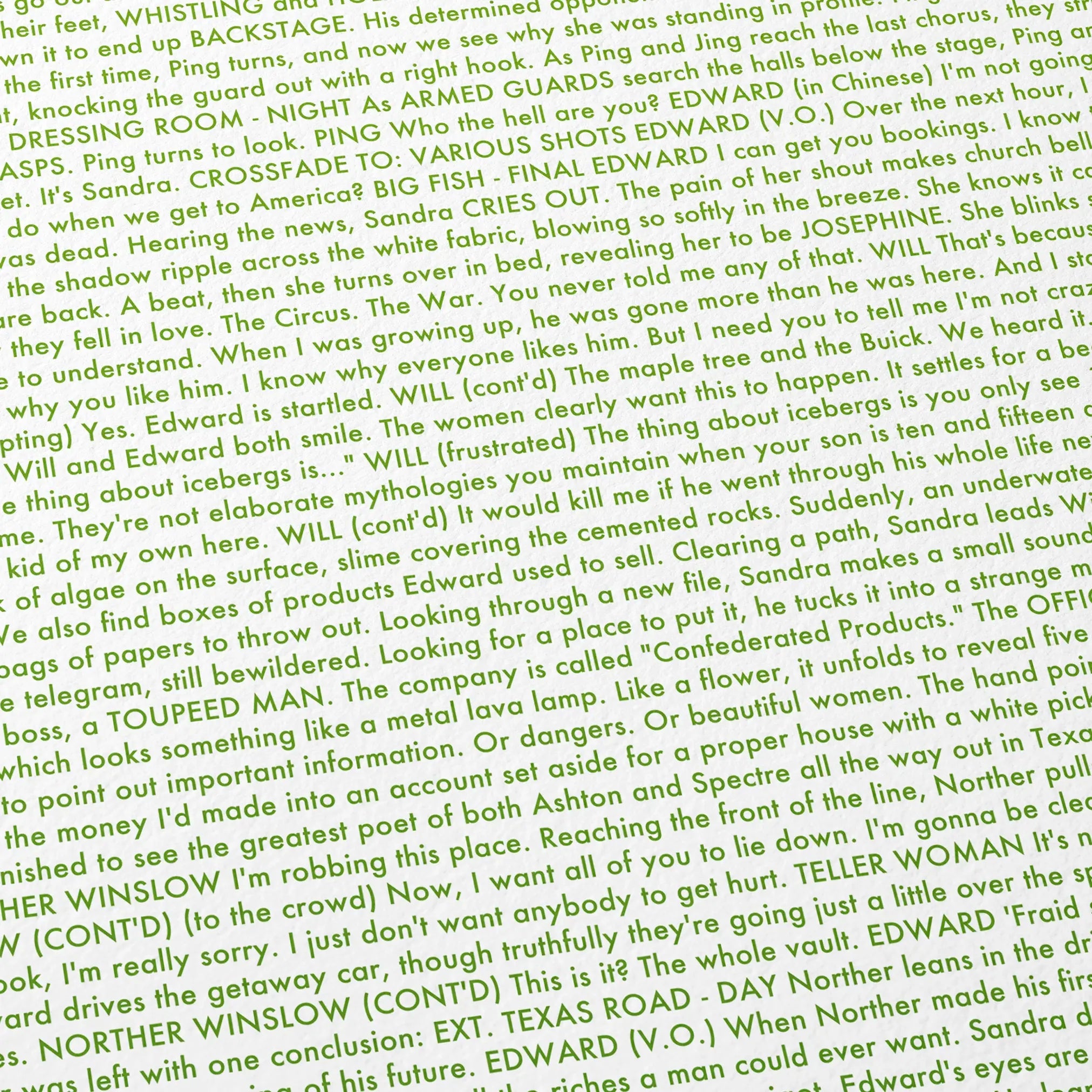 Close-up detail of the Big Fish movie script poster showing dense typographic text.