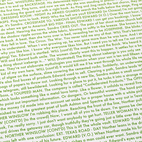 Close-up detail of the Big Fish movie script poster showing dense typographic text.