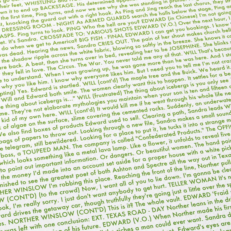 Close-up detail of the Big Fish movie script poster showing dense typographic text.