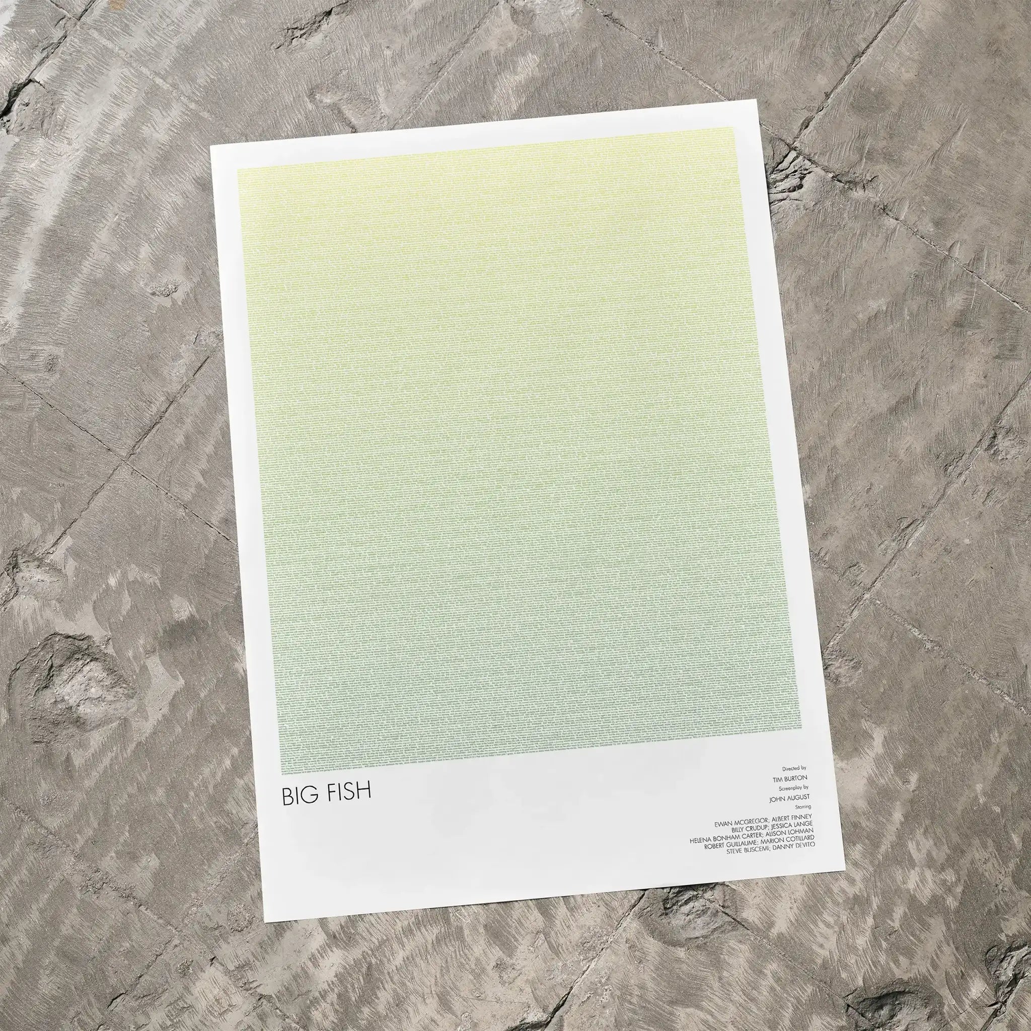 A Big Fish movie script poster laid flat on a textured floor surface.