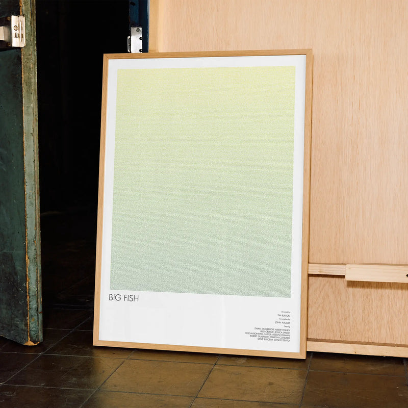 A framed Big Fish movie script poster displayed in a contemporary interior setting.