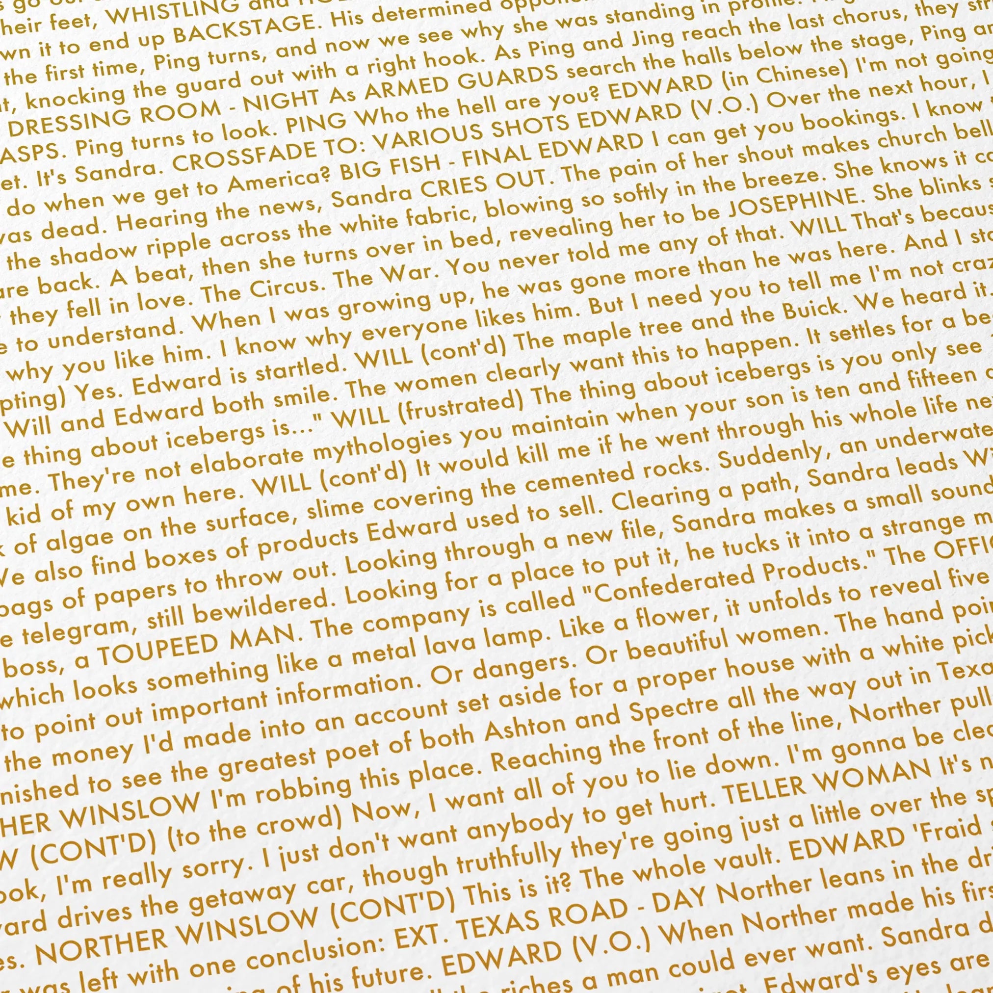 Close-up detail of the Big Fish movie script poster showing dense typographic text.