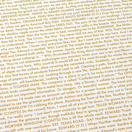 Close-up detail of the Big Fish movie script poster showing dense typographic text.