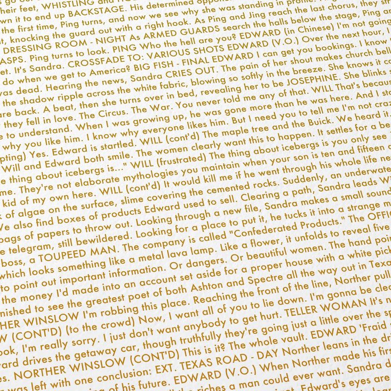 Close-up detail of the Big Fish movie script poster showing dense typographic text.