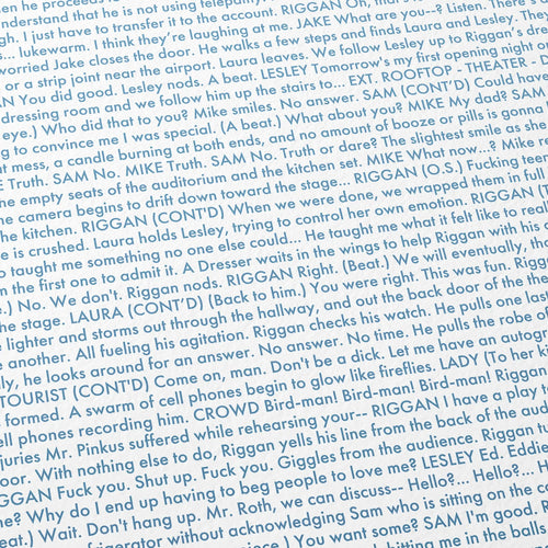 Close-up detail of the Birdman or movie script poster showing dense typographic text.