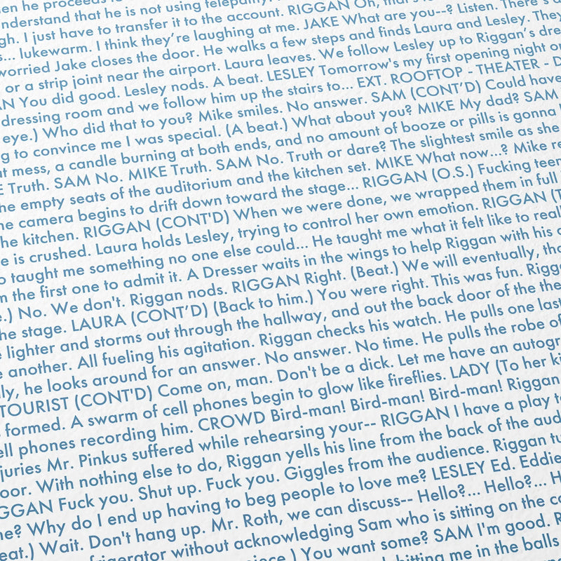 Close-up detail of the Birdman or movie script poster showing dense typographic text.