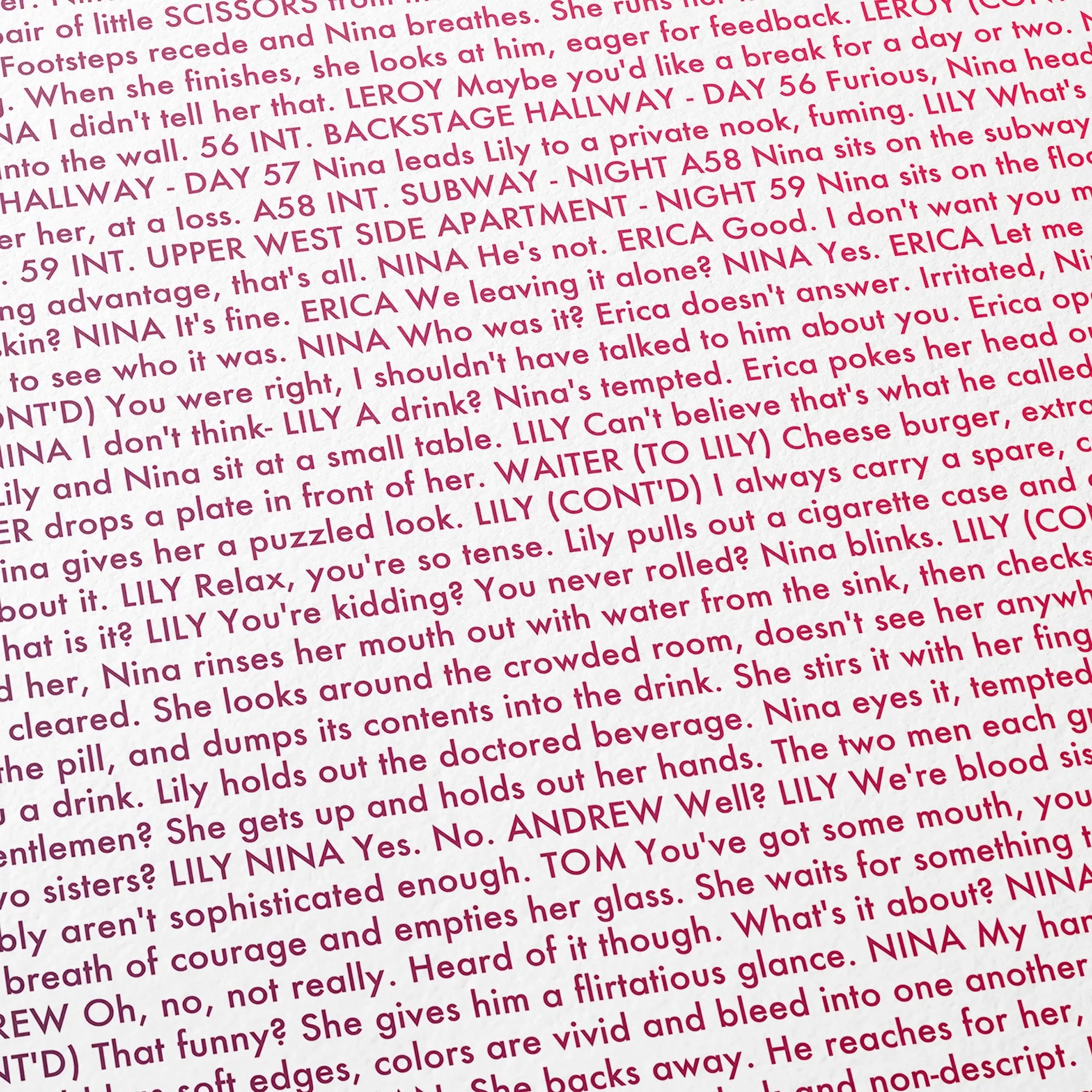 Close-up detail of the Black Swan movie script poster showing dense typographic text.