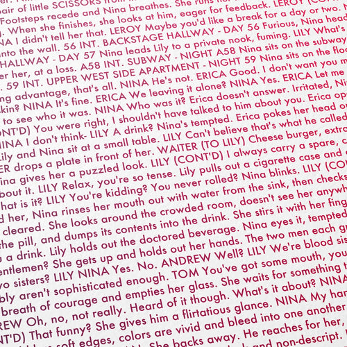 Close-up detail of the Black Swan movie script poster showing dense typographic text.