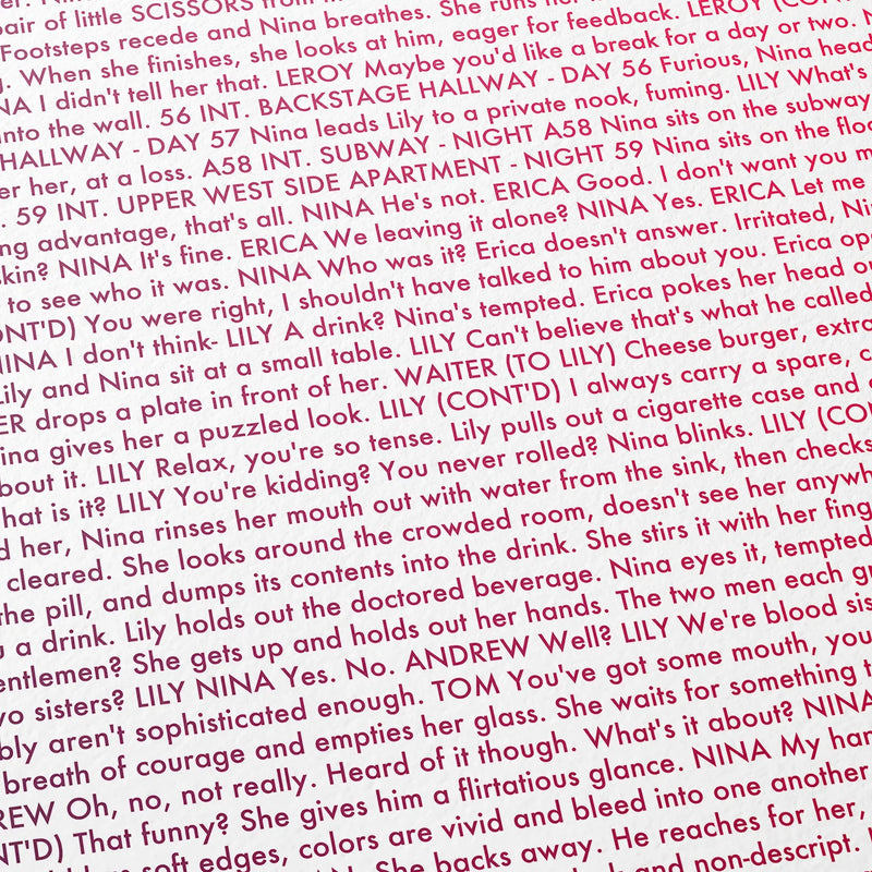 Close-up detail of the Black Swan movie script poster showing dense typographic text.