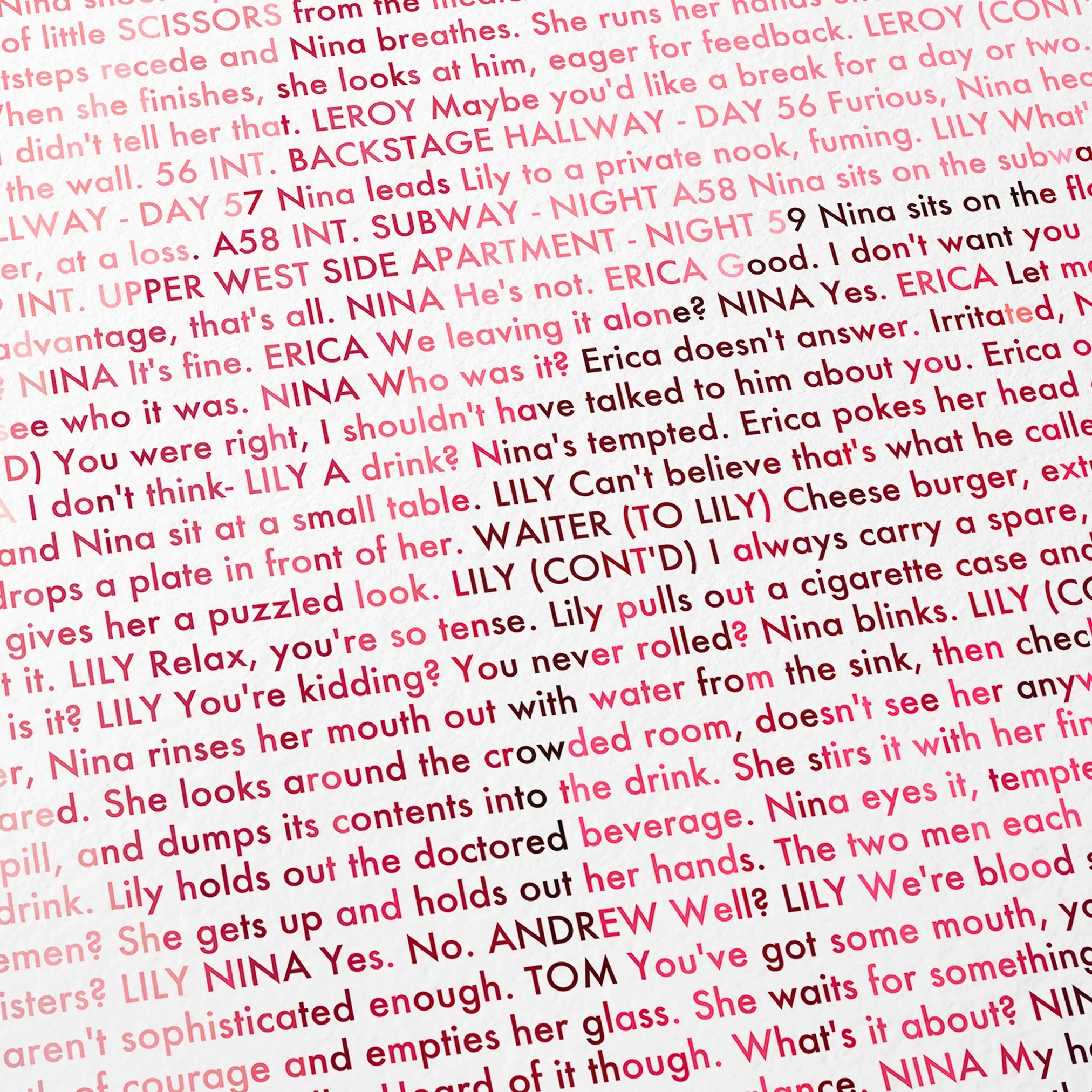 Close-up detail of the Black Swan movie script poster showing dense typographic text.