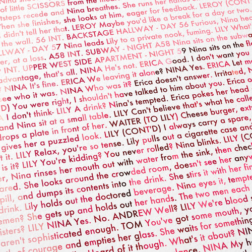 Close-up detail of the Black Swan movie script poster showing dense typographic text.