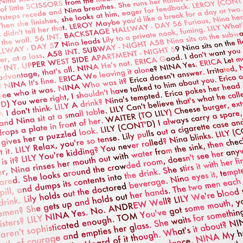 Close-up detail of the Black Swan movie script poster showing dense typographic text.