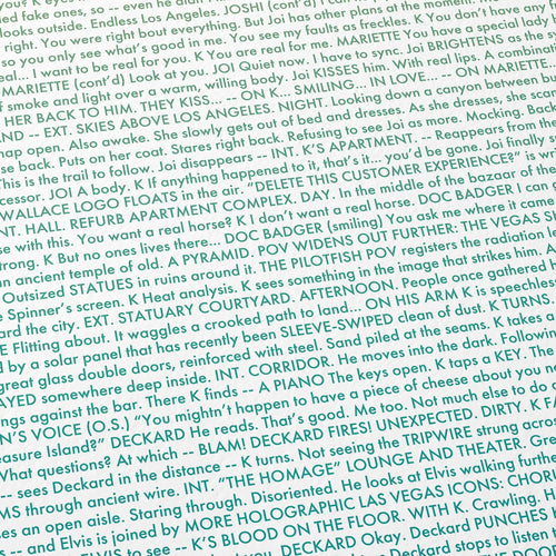 Close-up detail of the Blade Runner 2049 movie script poster showing dense typographic text.
