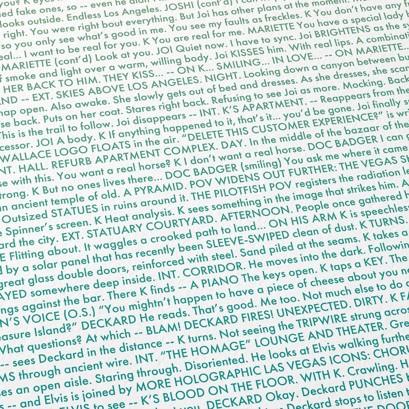 Close-up detail of the Blade Runner 2049 movie script poster showing dense typographic text.