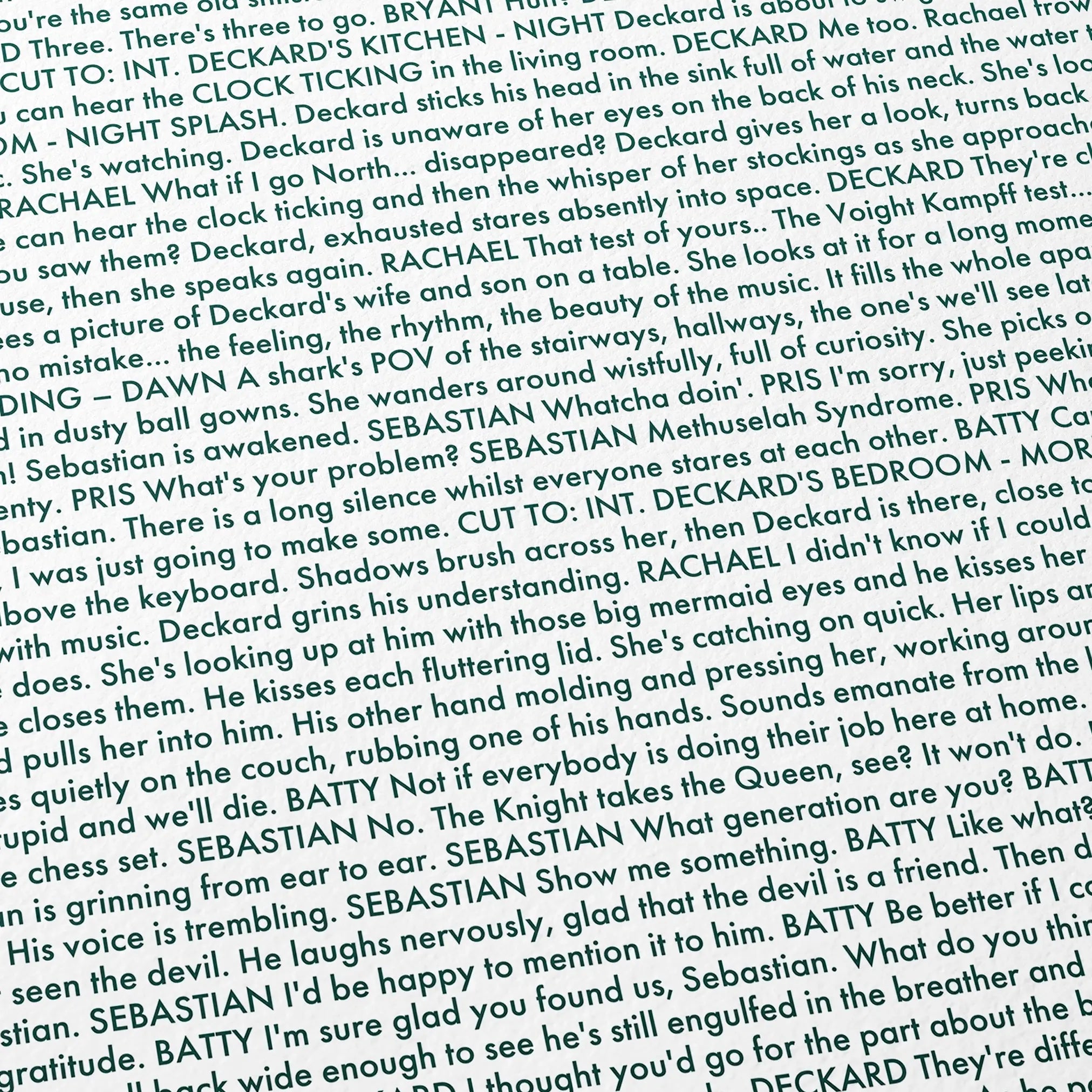 Close-up detail of the Blade Runner movie script poster showing dense typographic text.