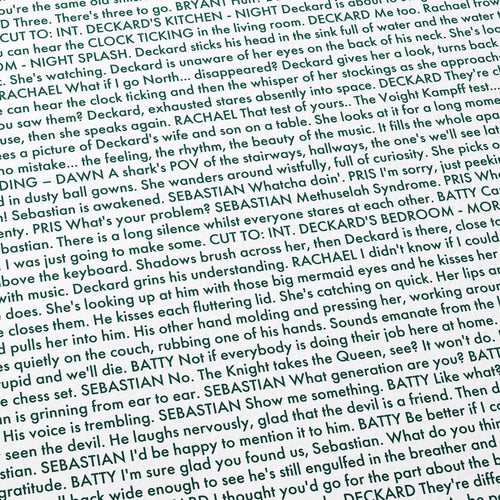 Close-up detail of the Blade Runner movie script poster showing dense typographic text.