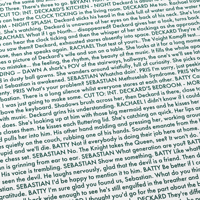 Close-up detail of the Blade Runner movie script poster showing dense typographic text.