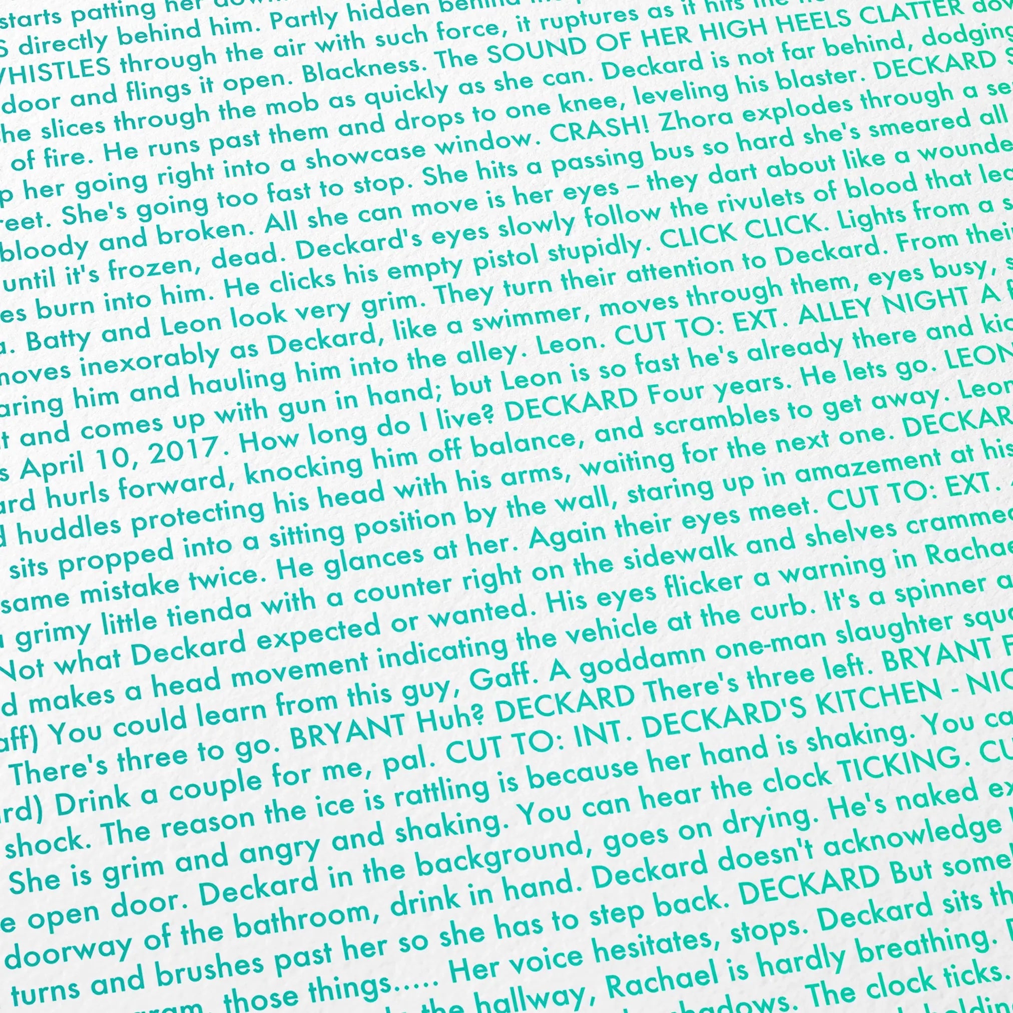 Close-up detail of the Blade Runner movie script poster showing dense typographic text.