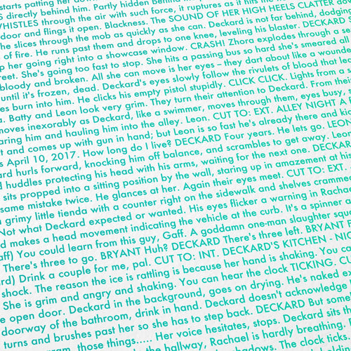 Close-up detail of the Blade Runner movie script poster showing dense typographic text.