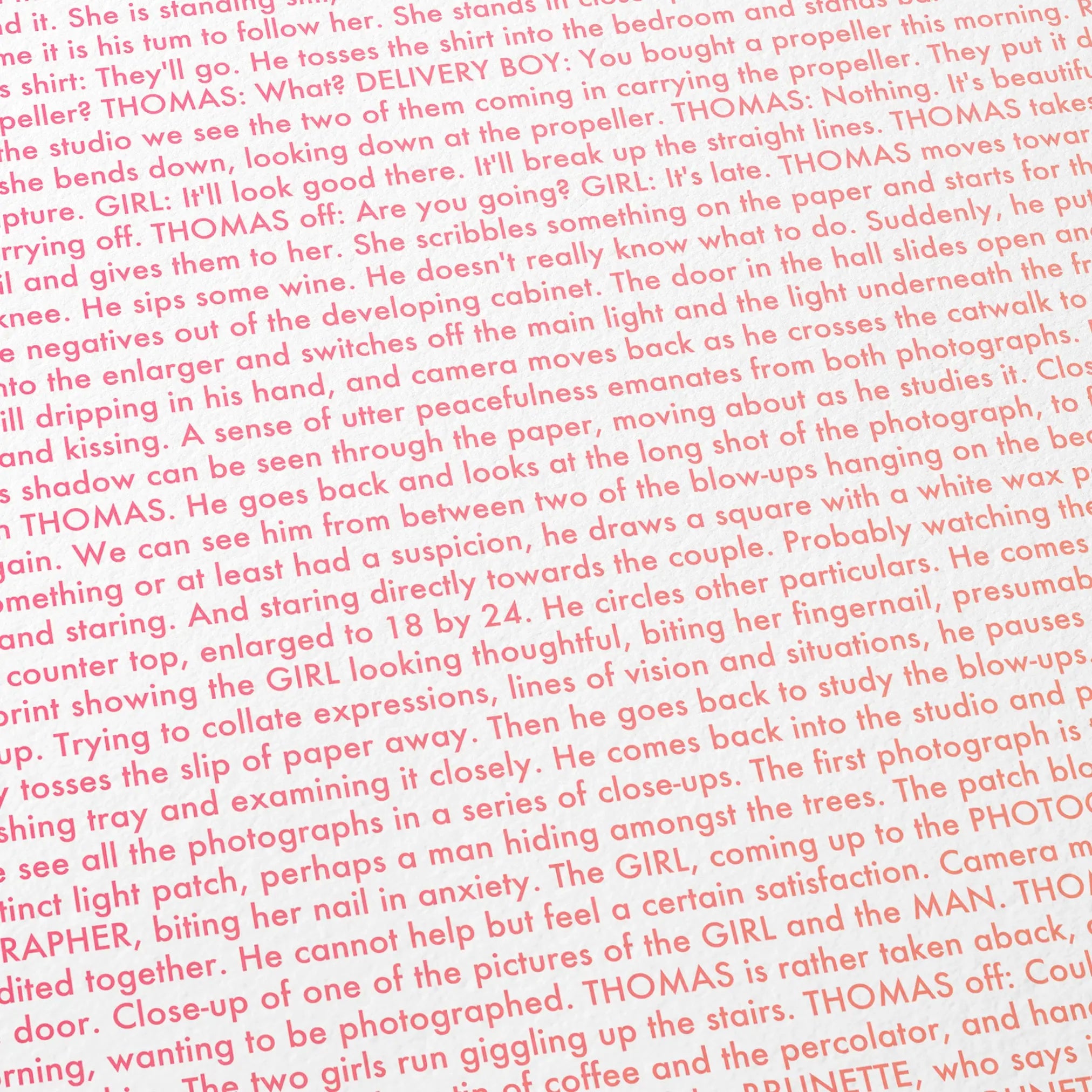 Close-up detail of the Blow-Up movie script poster showing dense typographic text.