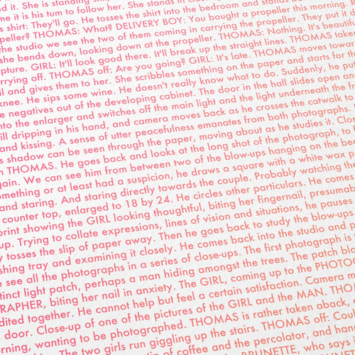 Close-up detail of the Blow-Up movie script poster showing dense typographic text.
